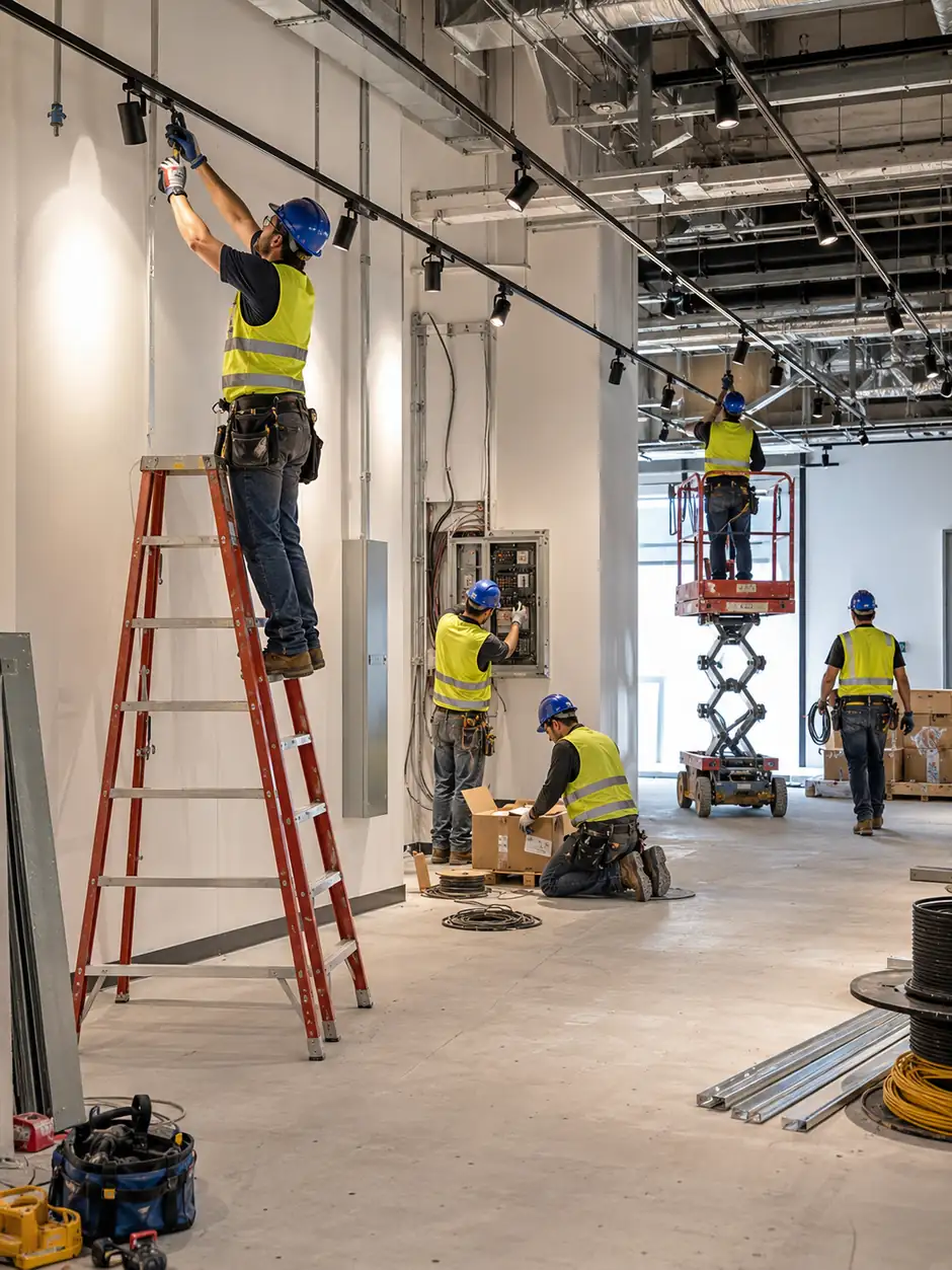 Electricians setting track fixtures, terminating a branch panel and pulling wire in a commercial buildout