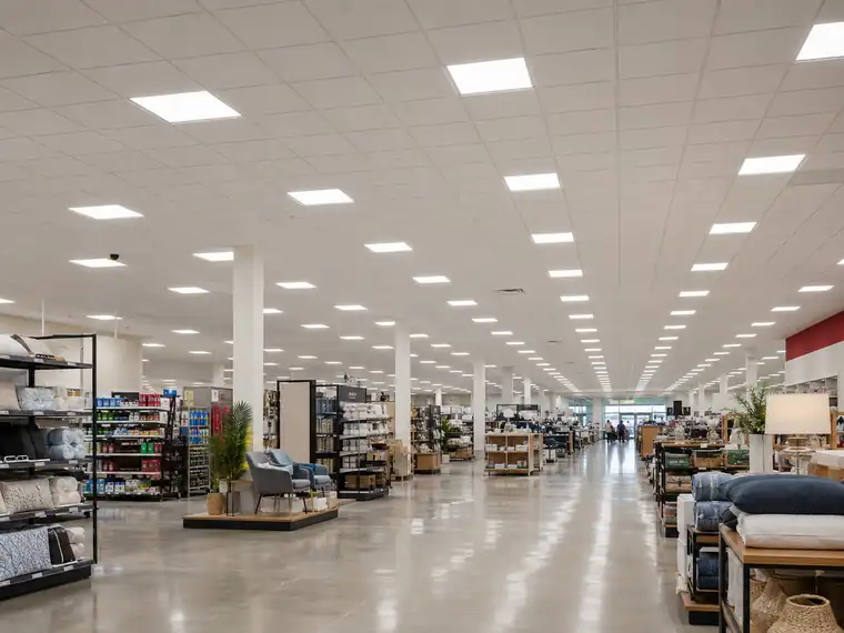 Retail sales floor lit by recessed flat panels in a suspended tile ceiling